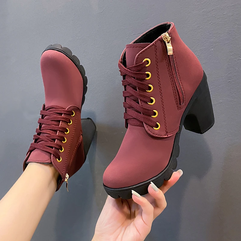 Botas de tacón grueso con plataforma para mujer, botines de nieve con cordones, a la moda, otoño, 2022