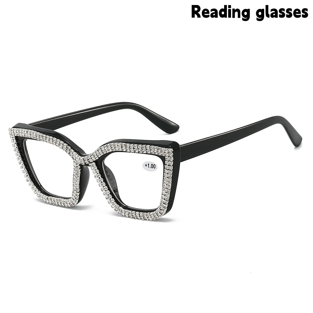 European and American Fashion Cat-Eye Large Frame Diamond-Encrusted Glasses for Women, Middle-Aged and Elderly Reading Glasses