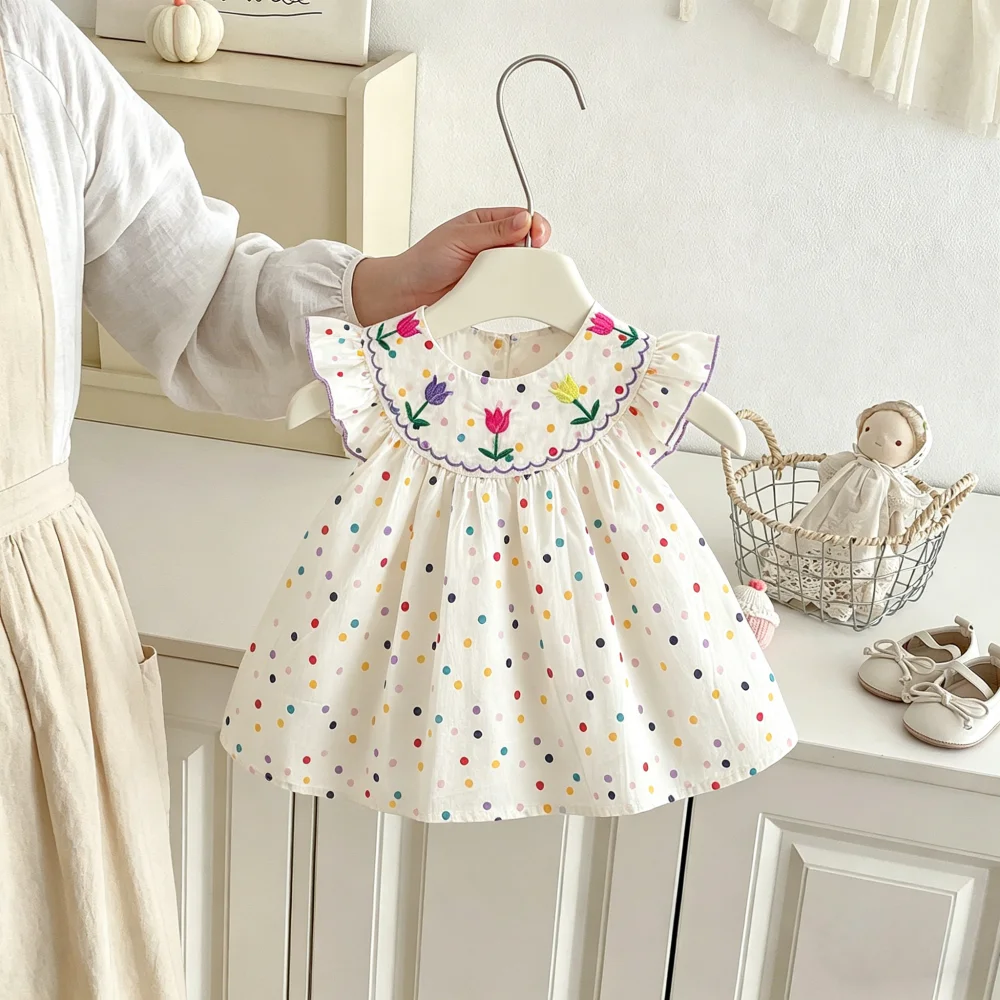 Baby Girl Dress Summer Colorful Polka Dot Flower Cotton Girl Dress Cute Beach Baby Dress Baby Girl Clothing