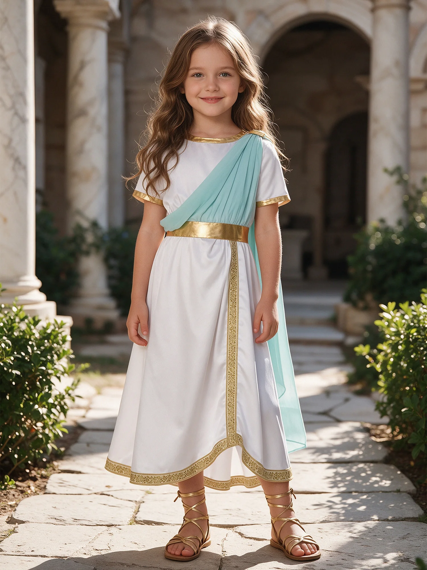 Child Girls Halloween Ancient Greek Roman Goddesses Deity Princess Cosplay Dress Worship Choir Robe Short Sleeve Satin Toga