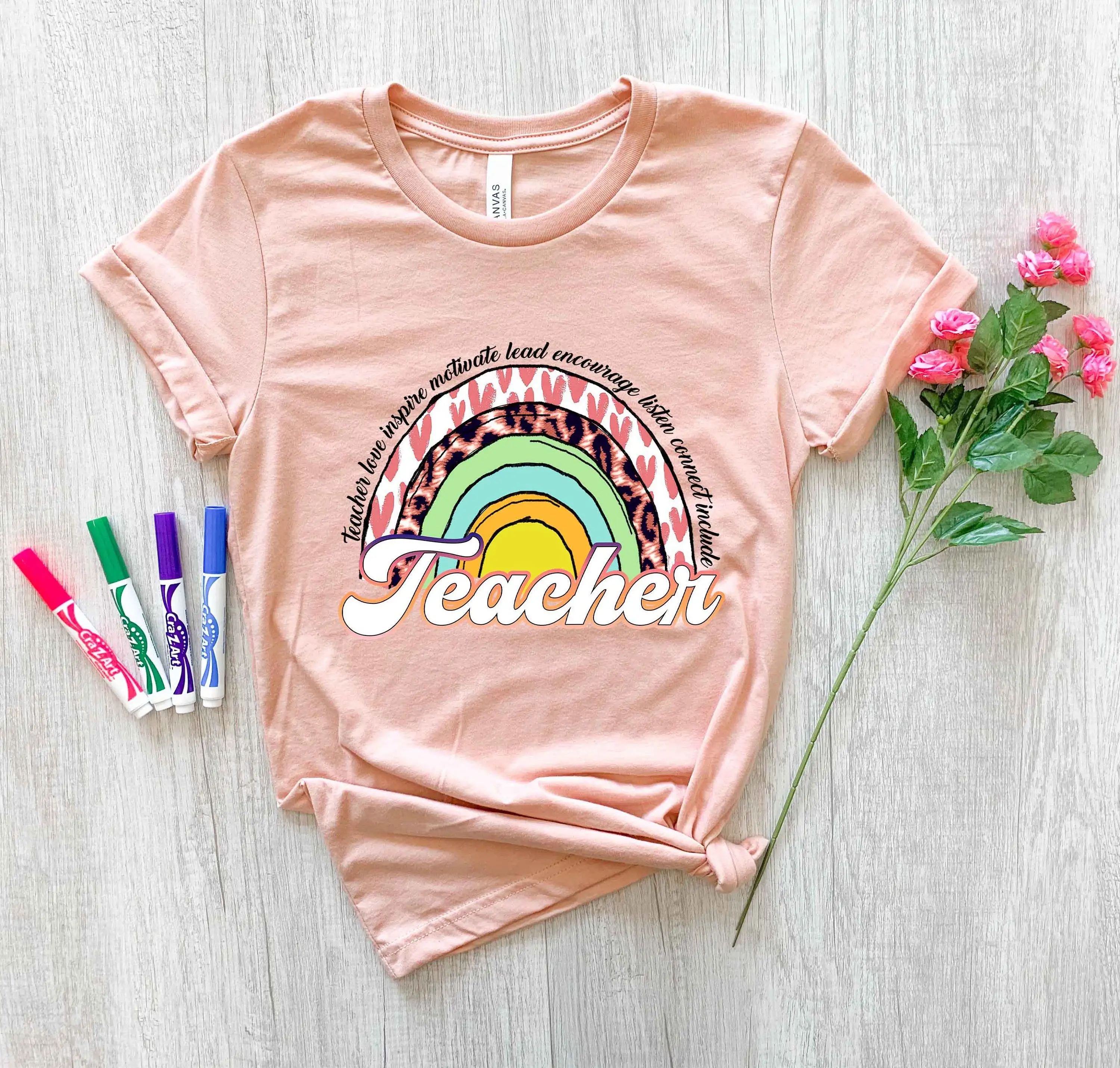 Teach Love Inspire Motivate Lead Encourage Listen Connect Include Teacher T Shirt Rainbow First Grade