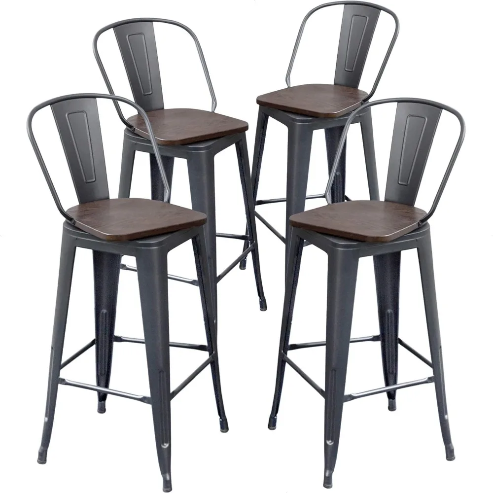 

Set of 4 Counter Height Stools Counter Bar Stools with Back Swivel Metal Bar Chairs Wooded Seat 30 Inch Matte Black Barstools