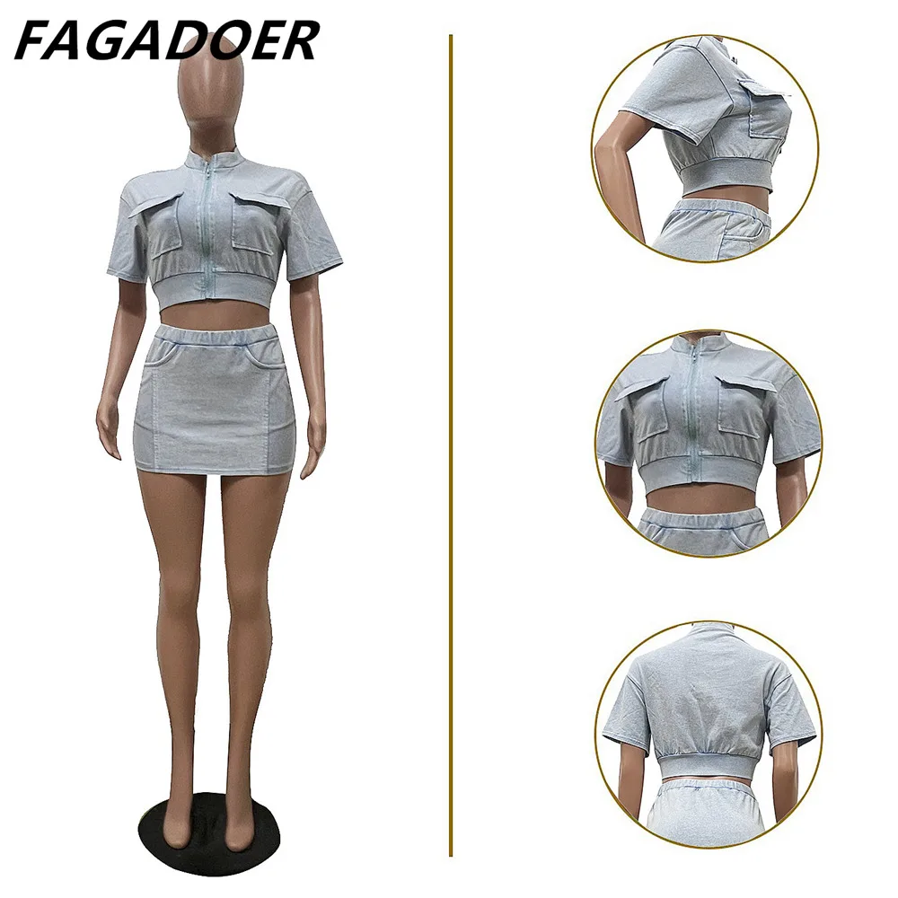 FAGADOER Summer New Solid Mini Skirts Two Piece Sets Women Zipper Short Sleeve Crop Top And Skirts Outfits Female 2pcs Clothing