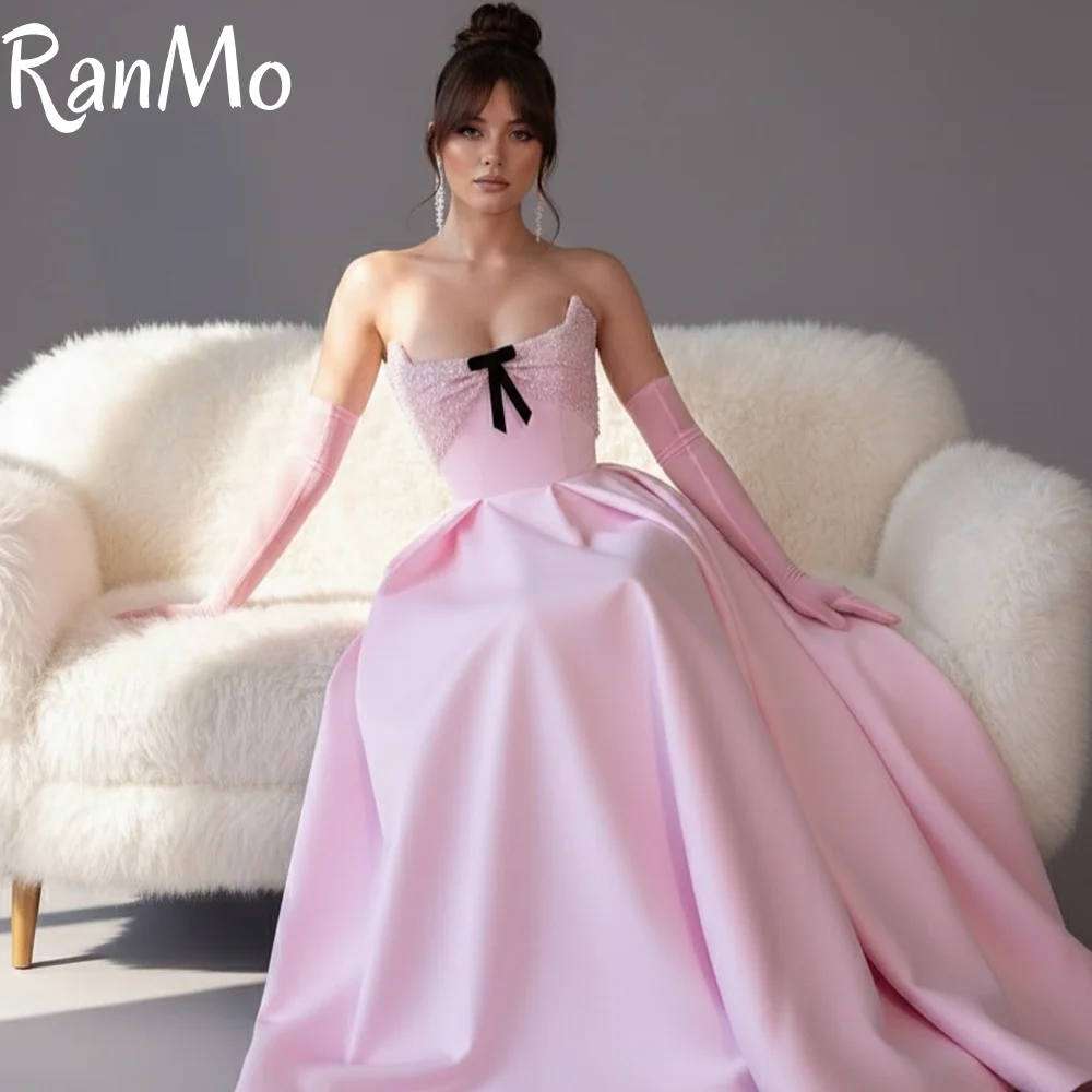 

Ranmo Simple Pink Evening Dresses Woman's A Line Sleeveless Prom Gowns Boat Neck Vestidos De Novia Beach Party Customized Glove