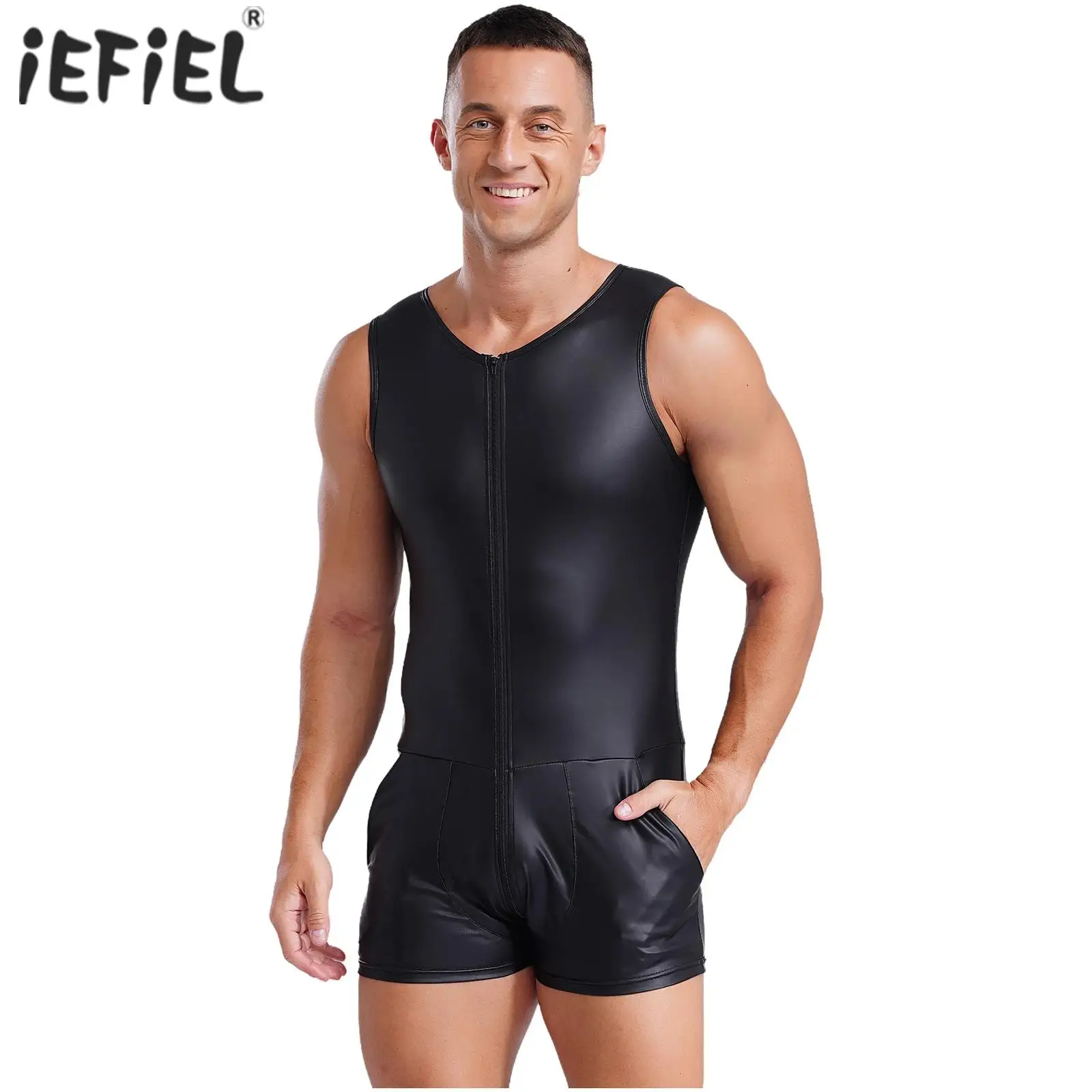 Mens Sexy Bodysuit Faux Leather Rompers Round Neck Sleeveless 3-end Zipper Leotard Jumpsuit Tempting Clubwear Party Nightwear