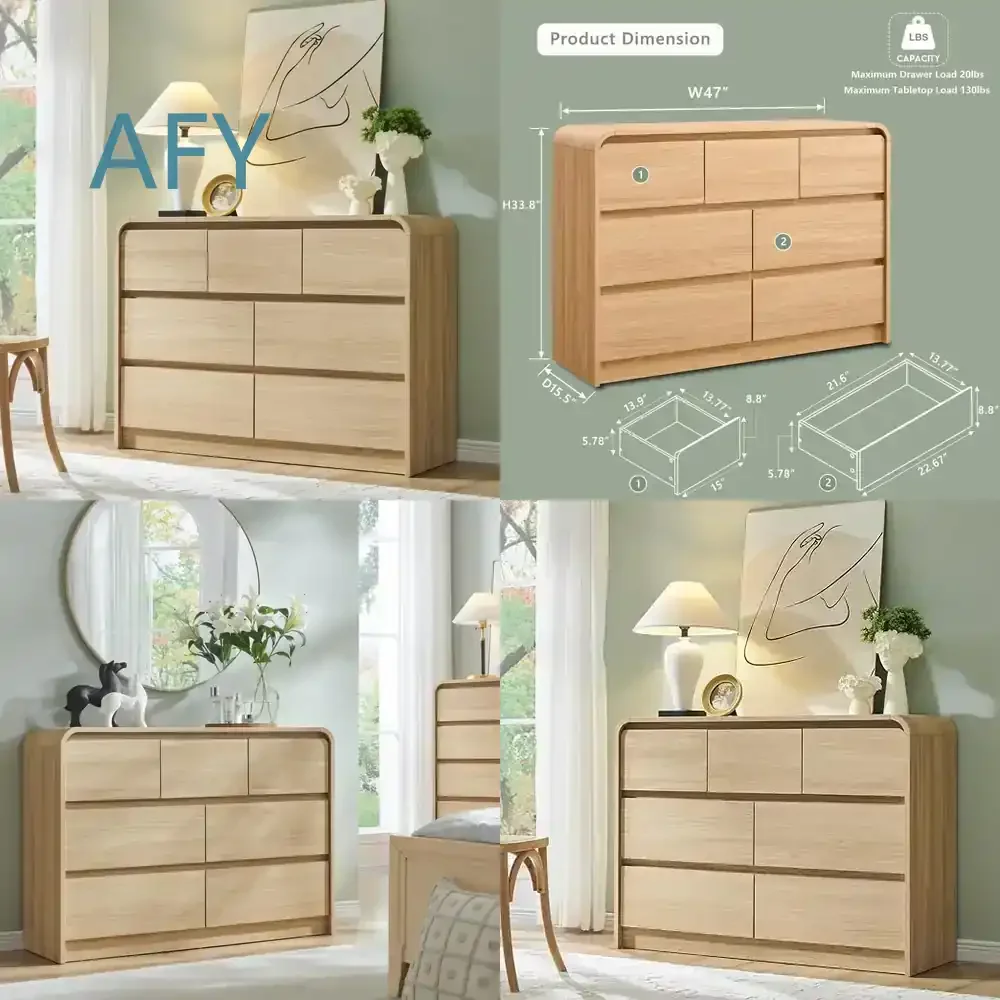 High Quality Fashion Modern 7 Drawers Dresser for Bedroom for Mid Century Style for Curved Profile Design for Wood Chest of