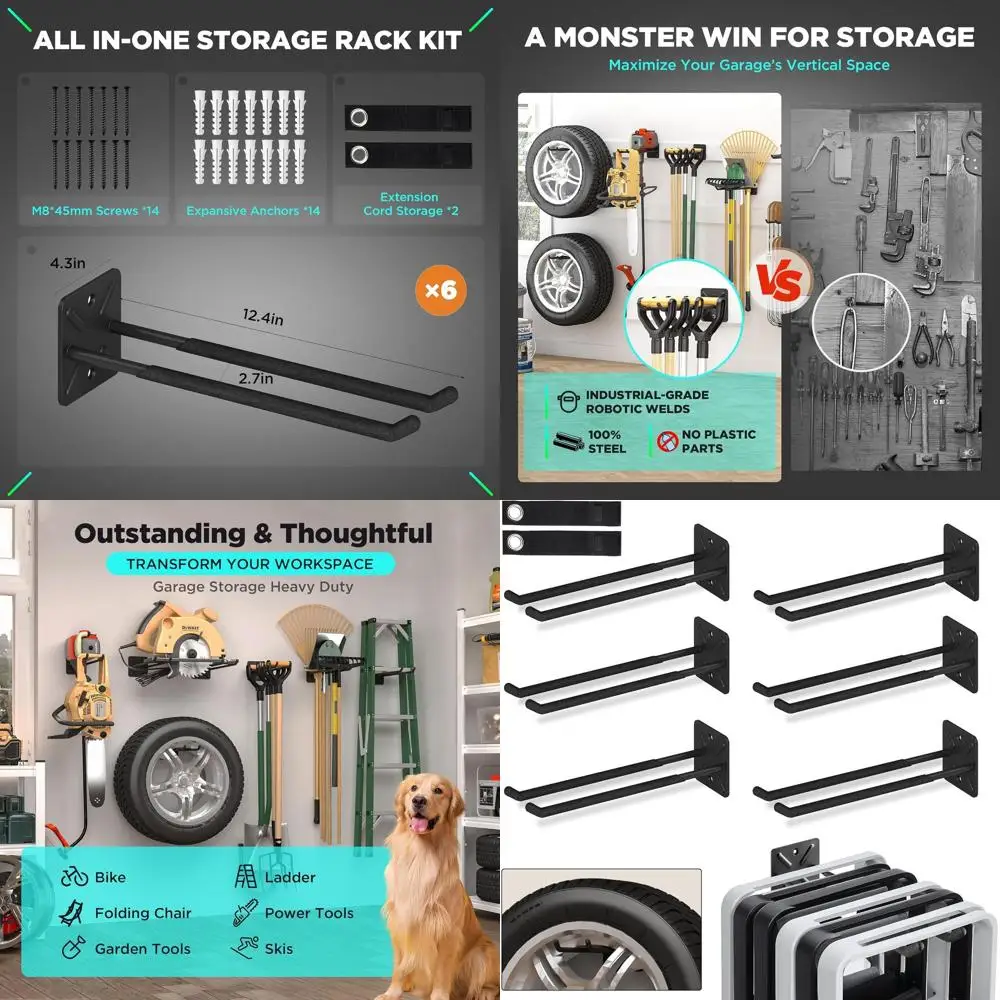 

6-пак. крючков для системы хранения в гараже, сверхмощный настенный органайзер для инструментов, вешалка для стула, крючки для хранения в гараже для автомобильных шин