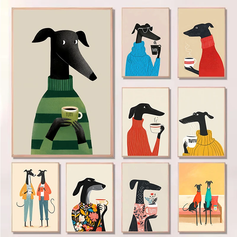 Modern Whimsical Animal Greyhound Print Poster Colorful Cute Dog Coffee Wall Art Canvas Painting for Living Room Home Decorat