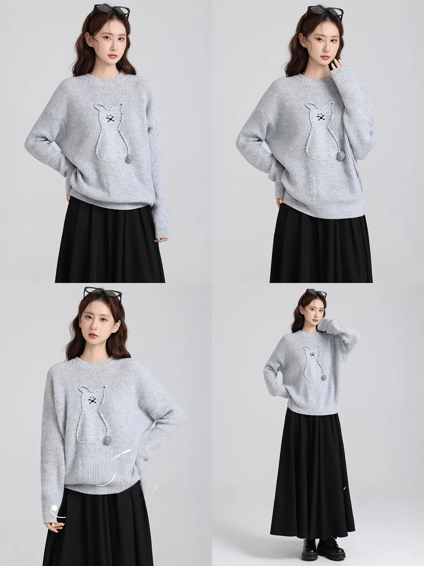 

Unique ey Embroidered Knitwear Loose Fit Overhead round Ne Sweater Sli Autumn Winter Korean Sle Slimming Top