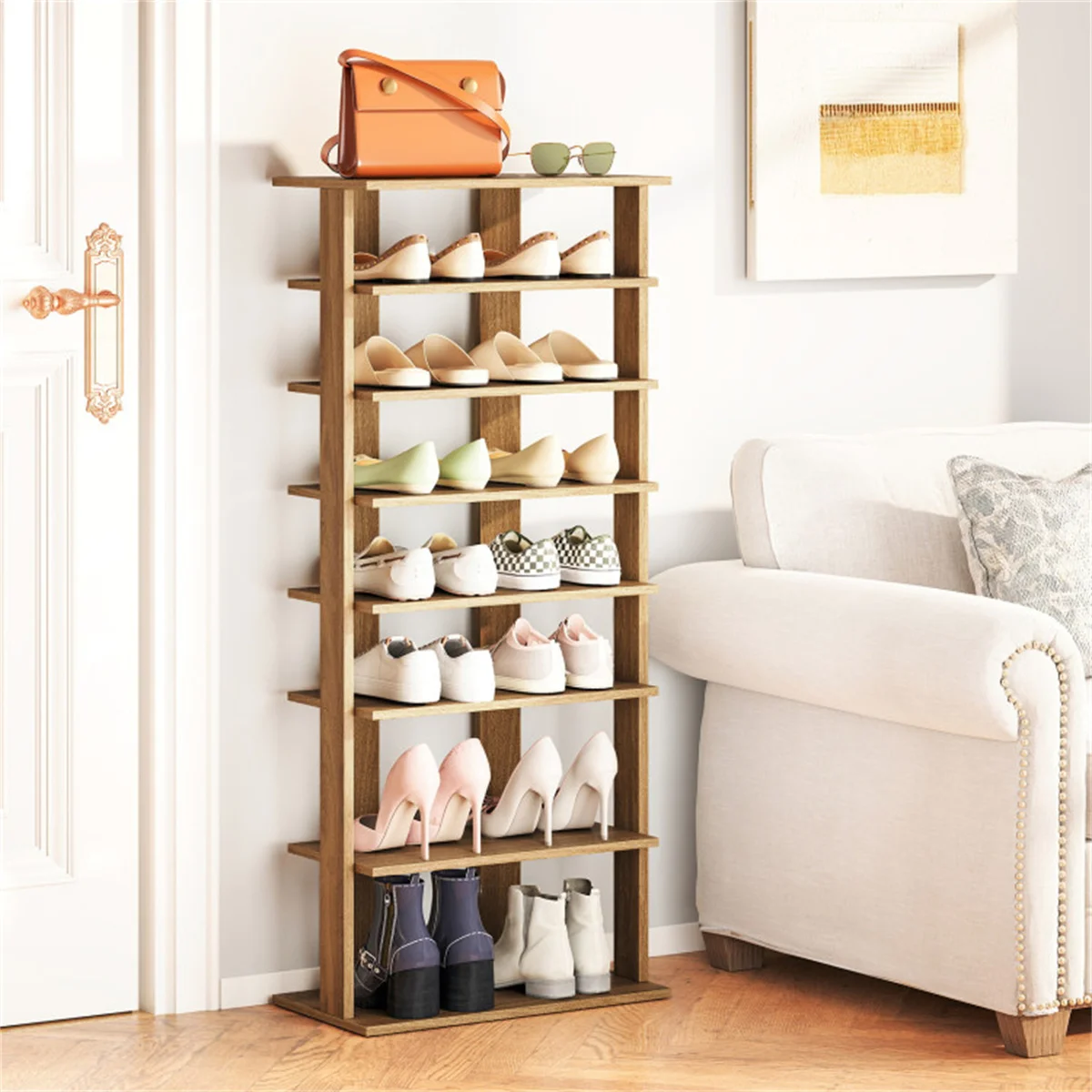 

7-Tier Double Row Adjustable Shoe Rack Anti-Tipping Entryway Storage Shelf Natural