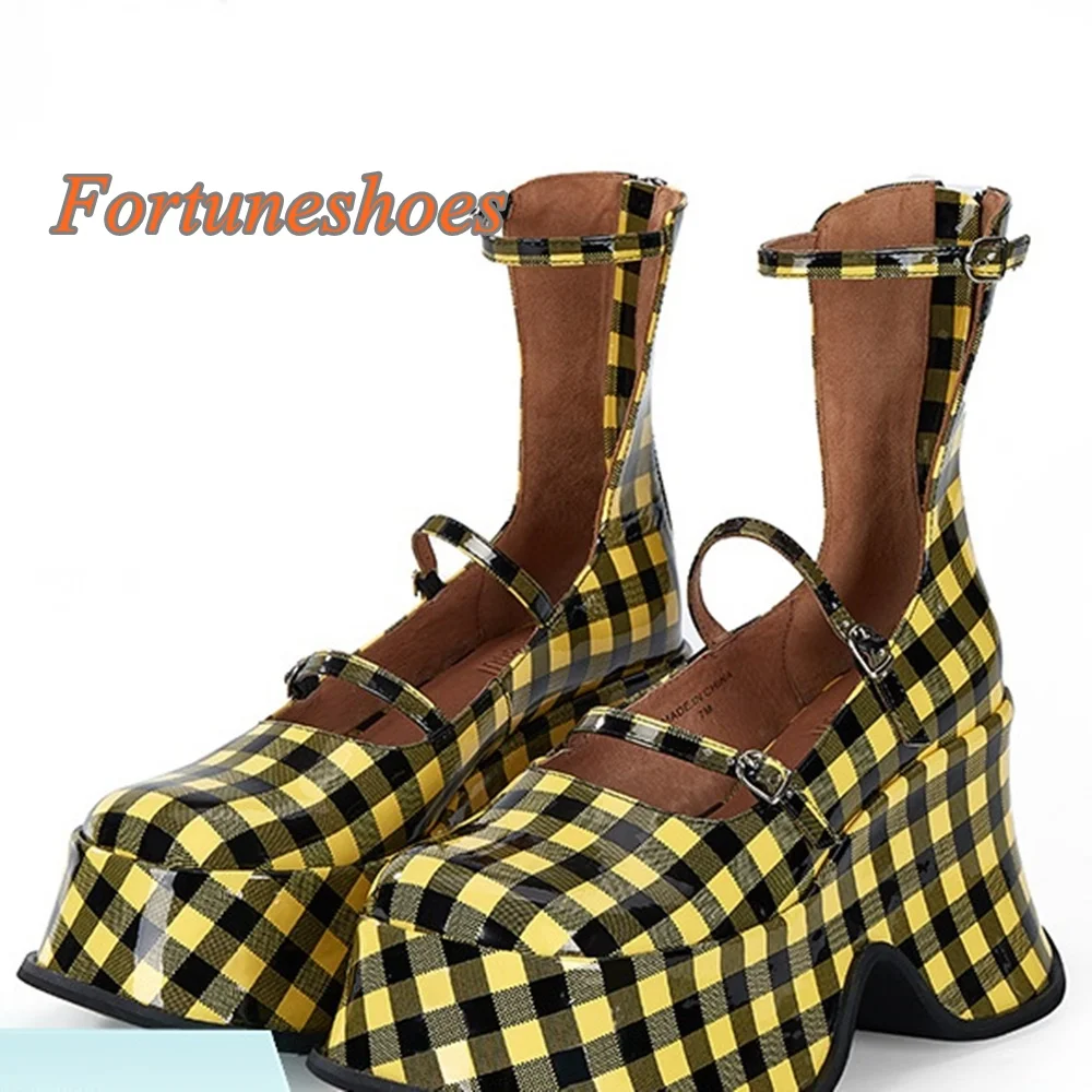 Yellow and Black Plaid Round Toe Pumps Hollow Shallow Chunky High Heel Belt Buckle Pumps Fashion Casual 2025 Newest Spring Pumps