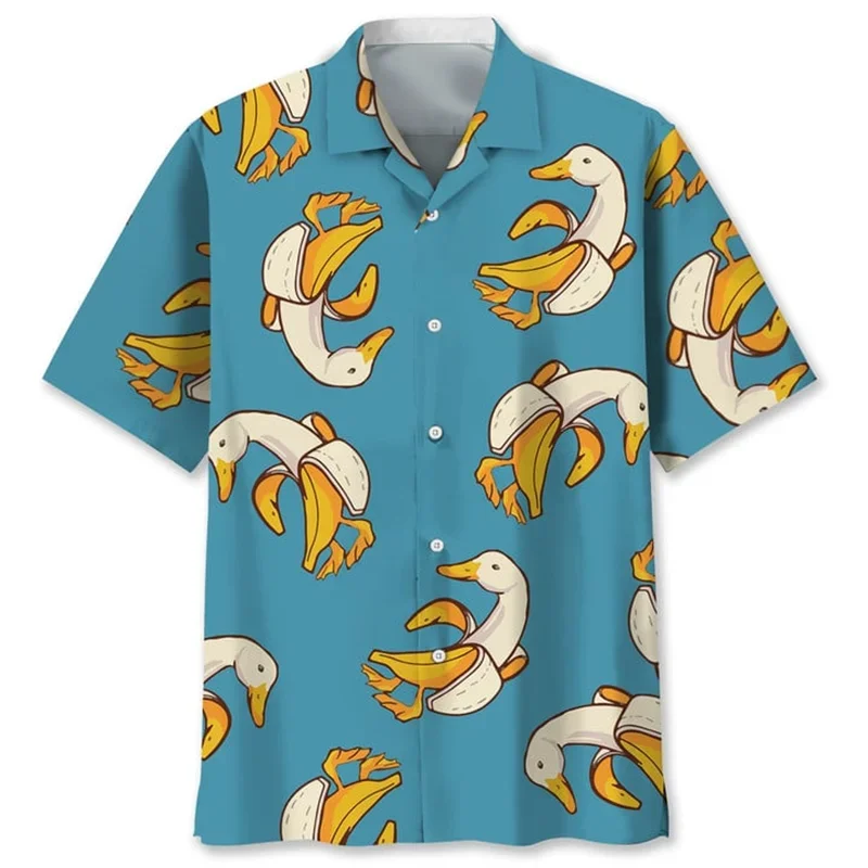 

Cartoon Duck Pattern Hawaiian Shirt For Men Summer 3d Animal Printed Shirts Lapel Short Sleeves Women Street Loose Button Blouse