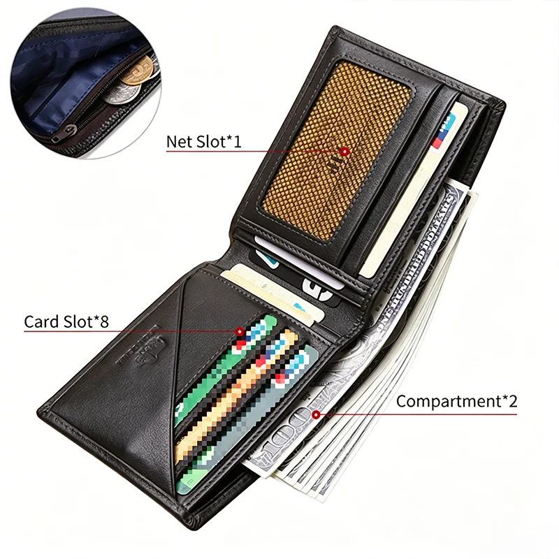 BISON DENIM Top Layer Leather Men's Wallet RFID Blocking Short Purse Coin Case Passport Cover For Mens Credit Card Holder