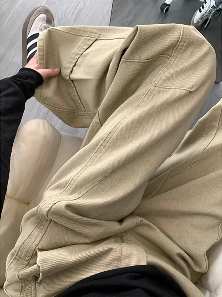 

Широкие брюки с высокой талией в американском стиле ретро цвета хаки, широкие брюки сбоку, повседневные длинные брюки, рабочая одежда, брюки Vibe Sle