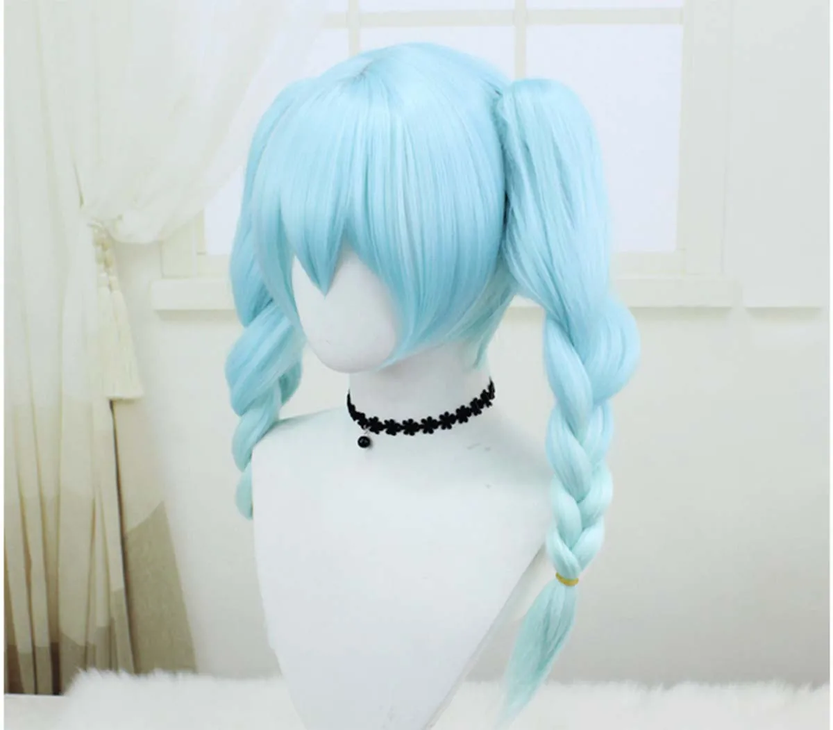 Mulheres coelho cosplay longo trançado rabo de cavalo ciano gradiente resistente ao calor peruca de cabelo sintético