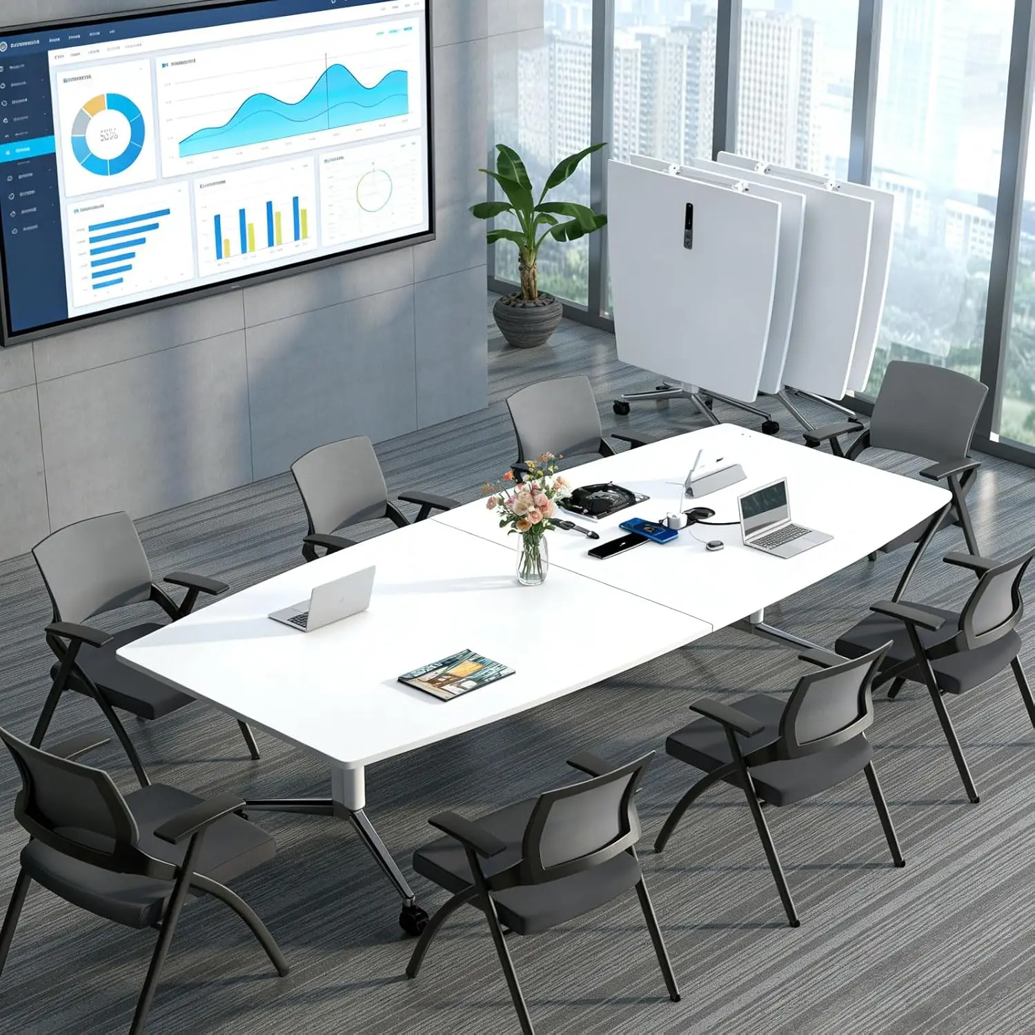 

8ft Folding Conference Table Wheels Power Outlet Wireless USB Space-Saving Meeting Seminar 94.5x47.2x29.5, Custom