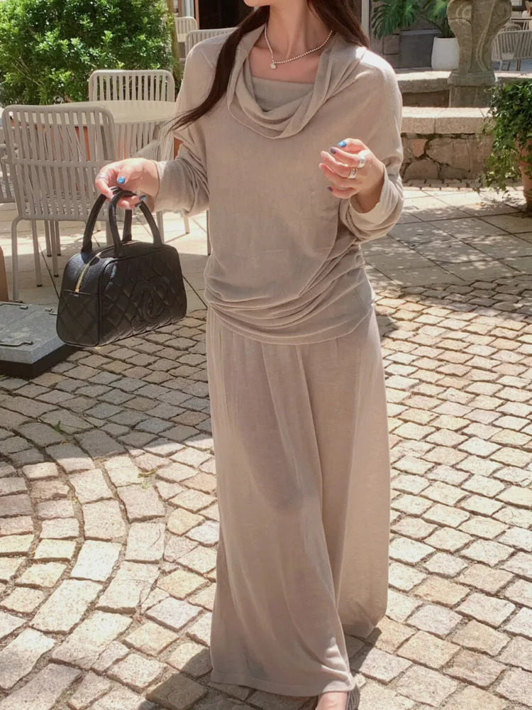 KWTX Women’s Linen Knit Two Piece Set Oversized Solid Color Top and Skirt Casual Minimalist Belted Round Neck Comfy  Fall 2025