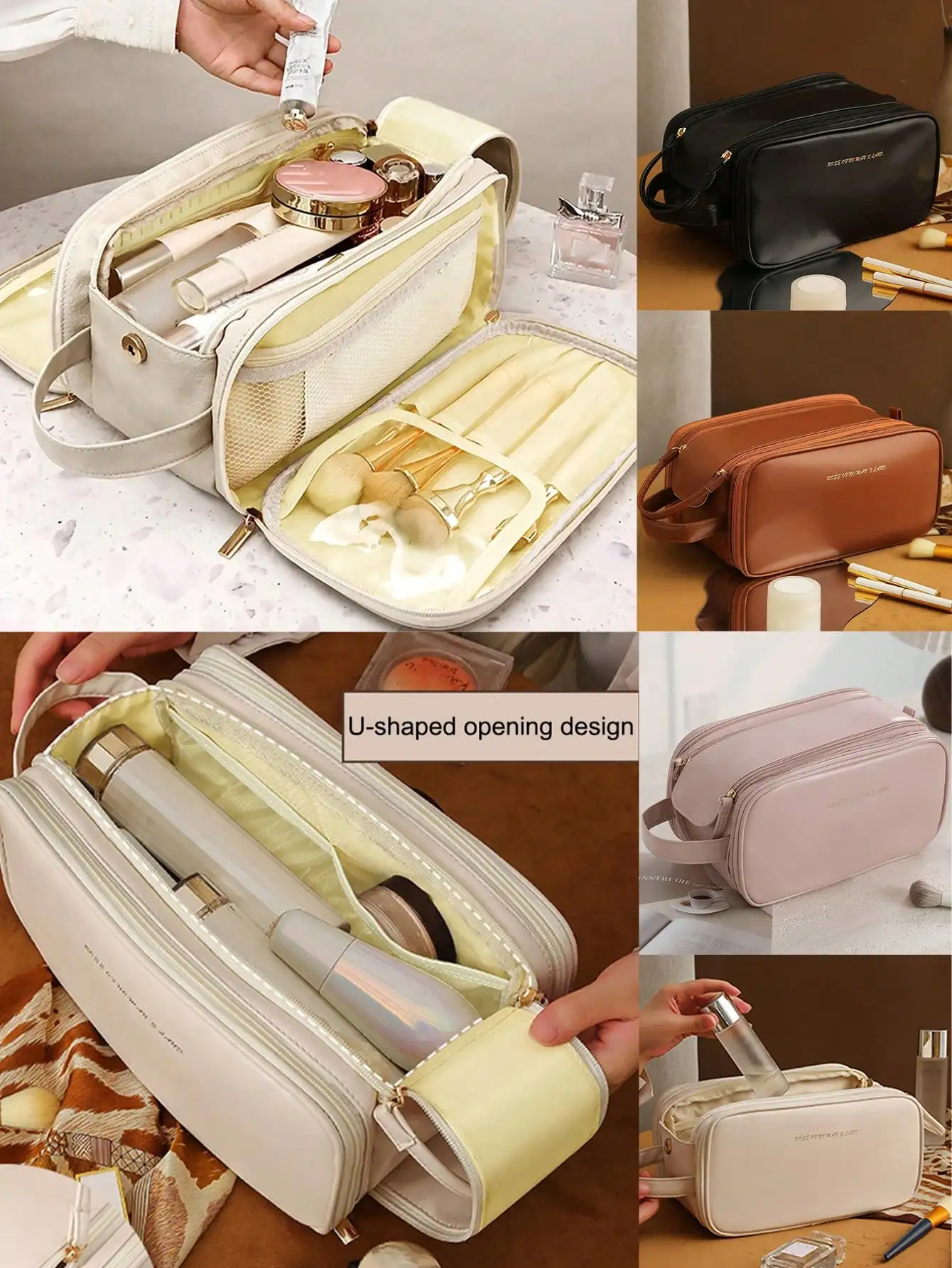 حقيبة مكياج متعددة الوظائف من جلد البولي يوريثان مقاومة للماء باللون الوردي بطبقة مزدوجة وسعة كبيرة ومحمولة للسفر وحقيبة مستحضرات التجميل #6