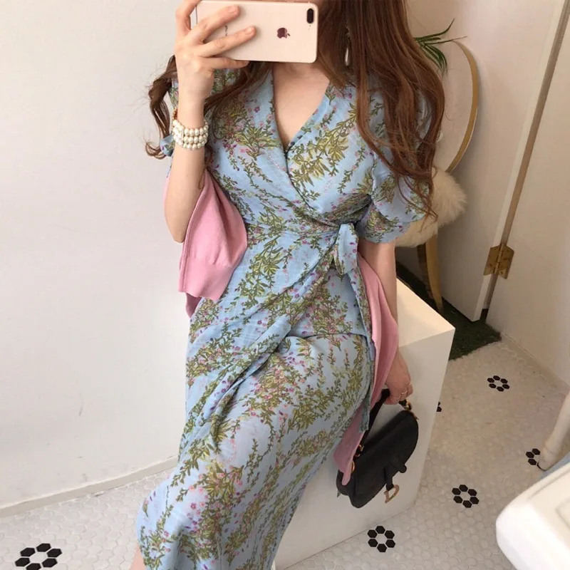 One Piece Bandage Waist Vintage Dress Boho Maxi Summer Elegant V-neck Tie Long Short Sleeved Chiffon Printed Dresses 2024