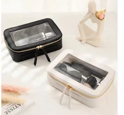 Travel Saffiano Leather Makeup Case Top Handle Toiletry Bag Clear Transparent Window Gold Zipper Storage Cosmetic Organizer