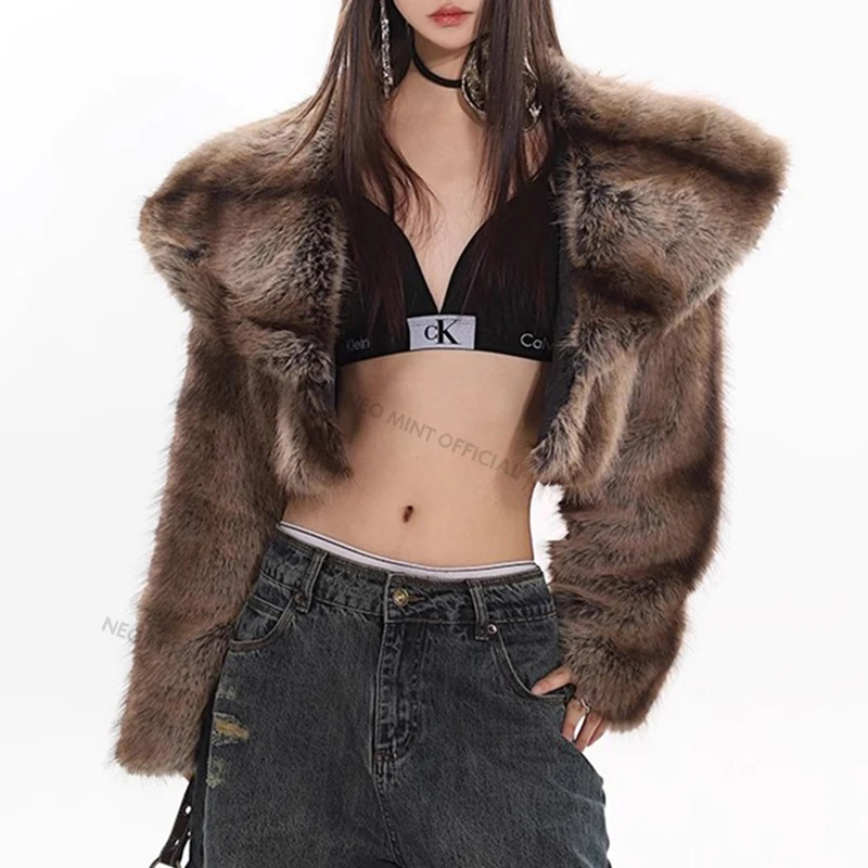 Neo Mint Retro Vintage Stripped Short Faux Fur Coat Women 2024 Winter Y3k Fashion Girls Cropped Big Fur Collar Fox Fur Jacket