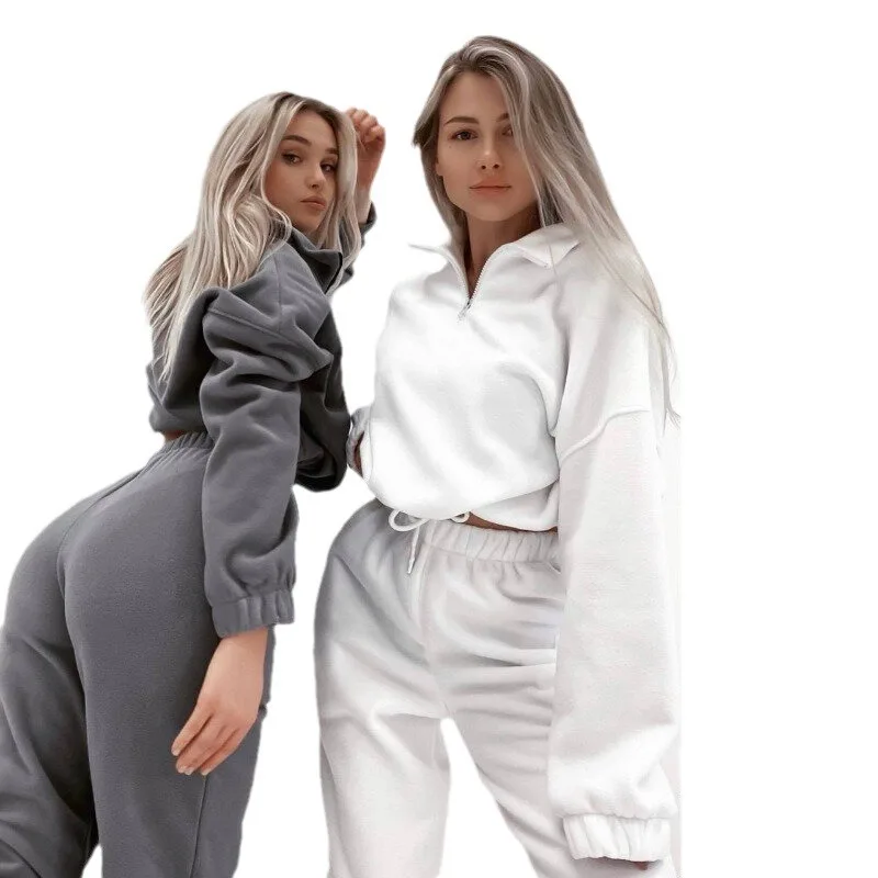 Two Piece Pant Sets Women Sweatshirts Zipper Stand Collar Solid Pullovers Casual Streetwear Straight  Long Pants Autumn Winter