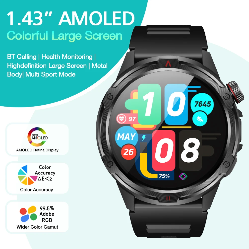 ساعة ذكية Aolon Tetra R4 للرجال AMOLED AOD بلوتوث مكالمة مصباح يدوي بوصلة مقاومة للماء جهاز تعقب رياضي خارجي ساعة ذكية