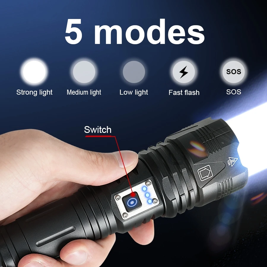 Ultra Powerful LED Flashlight 600W LED Super Bright Torch Rechargeable Lamp Tactical Lantern Long Battery Capacity Camping Light