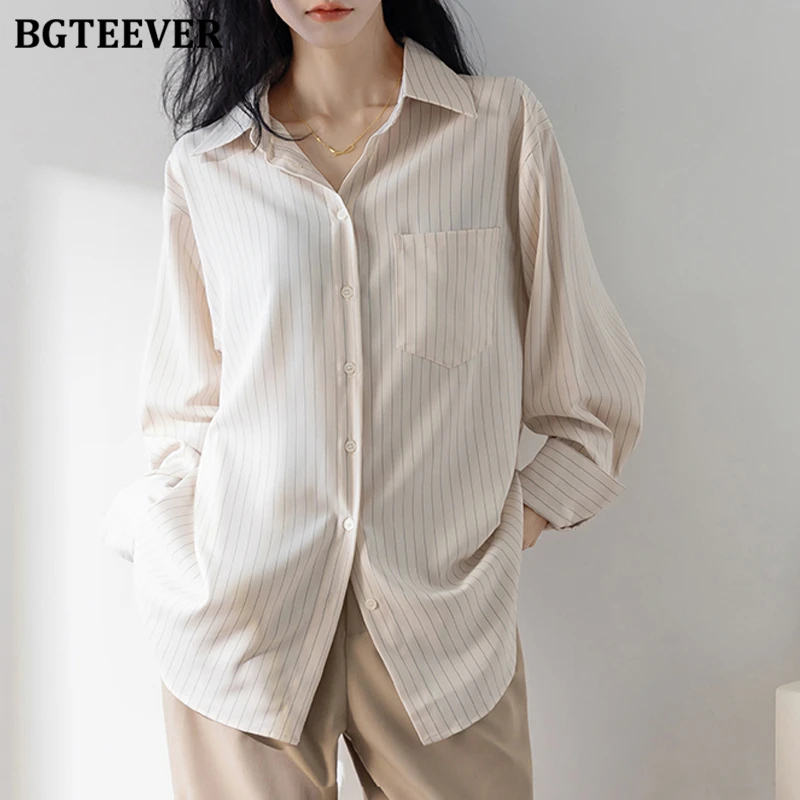 Bgteever casual turn-down colarinho senhoras camisas listradas primavera verão moda solta único breasted bolso blusas femininas topos