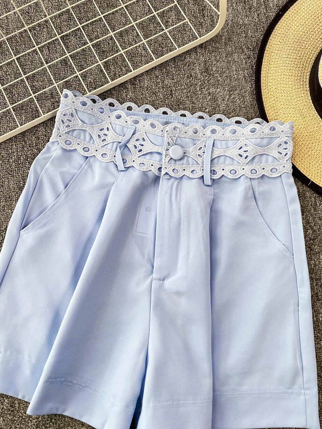 Pantalon bleu taille haute à jambes larges pour femmes, Design Faion d'été, épissure en dentelle, orthès amincissant, pantalons décontractés coréens