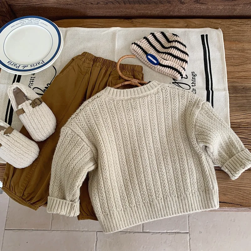 Kids Solid Color Knit Coat 2024 Autumn New Boys Sweater Girls Soft Loose Cardigan Tops