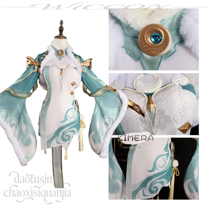 Anime Game Genshin Impact Cosplay Zibai Retro Uniform Chinese Fairy Green Dress Qipao Cheongsam White Wigs Halloween Christmas view 3