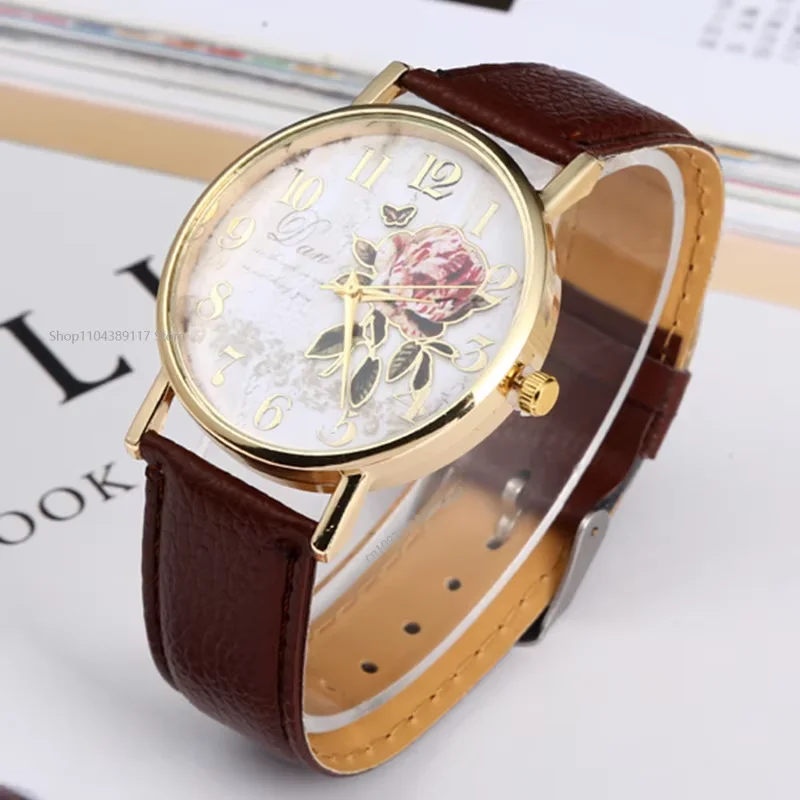 Reloj de pulsera redondo con flor rosa para mujer, relojes elegantes con banda de piel sintética, reloj de pulsera de cuarzo con números árabes, regalo de Navidad para mujer