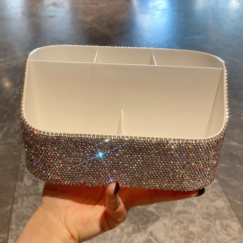 ダイヤモンドがちりばめられたマルチコンパートメント収納ボックス、高い外観レベル、デスクトップ化粧品整理ボックス、大容量