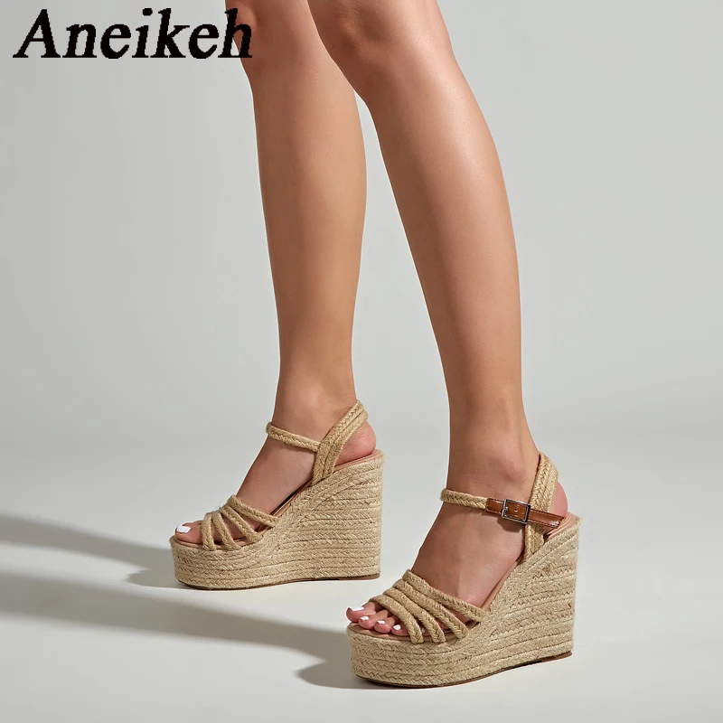 Aneikeh 2024 Platform Wedge Sandals Women\'s Summer Fashion Trend Narrow Band Braid Buckle Strap Gladiator Wedge Heel Shoes 36-43