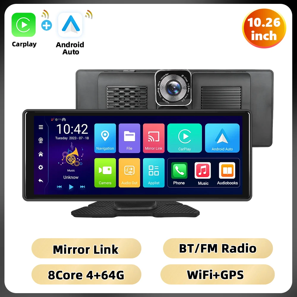 Podofo 4 + 64G Android Smart Screen Speler 10.26 ''WIFI GPS Navigatie Auto DVR met Front Camera Bluetooth FM Omkeren Assist