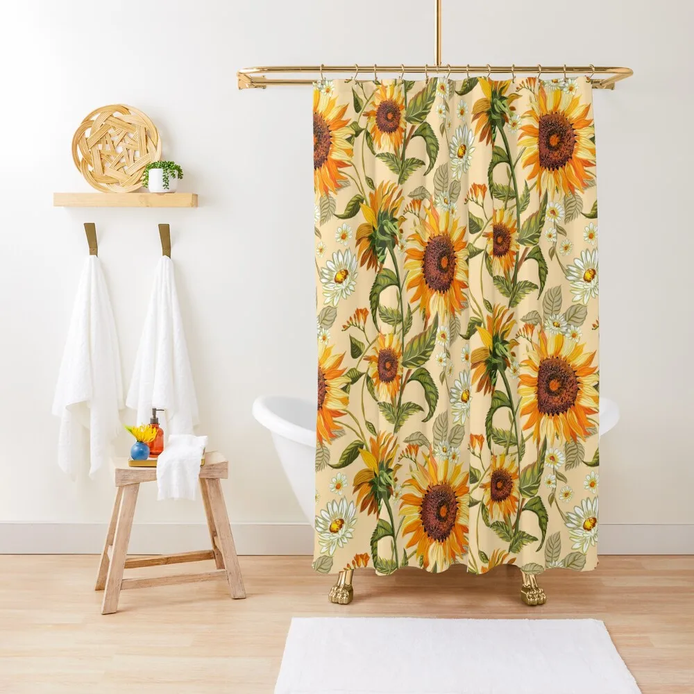 

Sunflowers 70s vintage golden retro pattern, yellow and orange flowers Shower Curtain Bathroom Deco Curtain