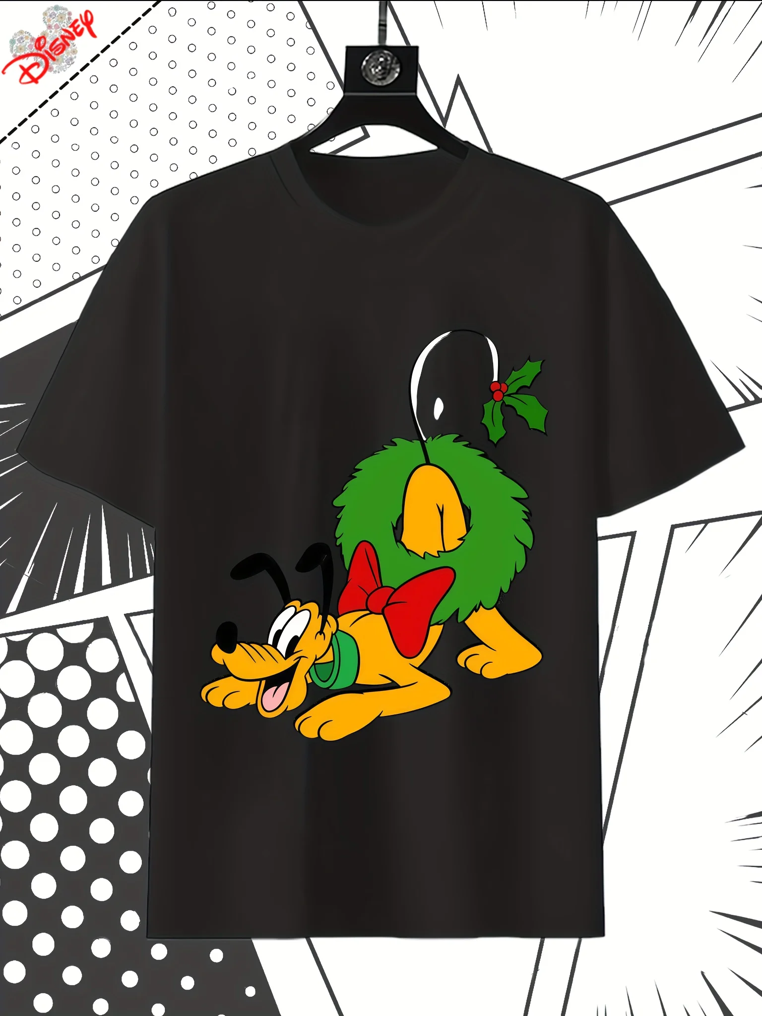 

Disney Christmas Wreath T-shirt - Loose Short Sleeve Casual Round Neck Top with Dog Face Pattern, Suitable for All Seasons