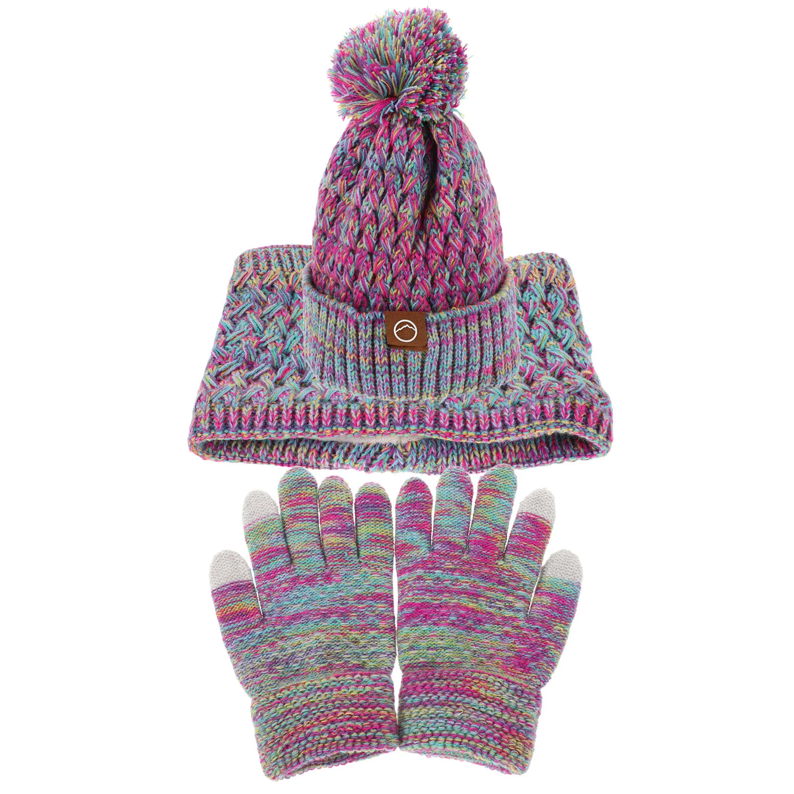 صوف مبطن قبعة الشتاء قفازات وشاح مجموعة بوم بوم قبعة محبوك الرقبة أدفأ قفازات كاملة الأصابع في الهواء الطلق البنفسجي