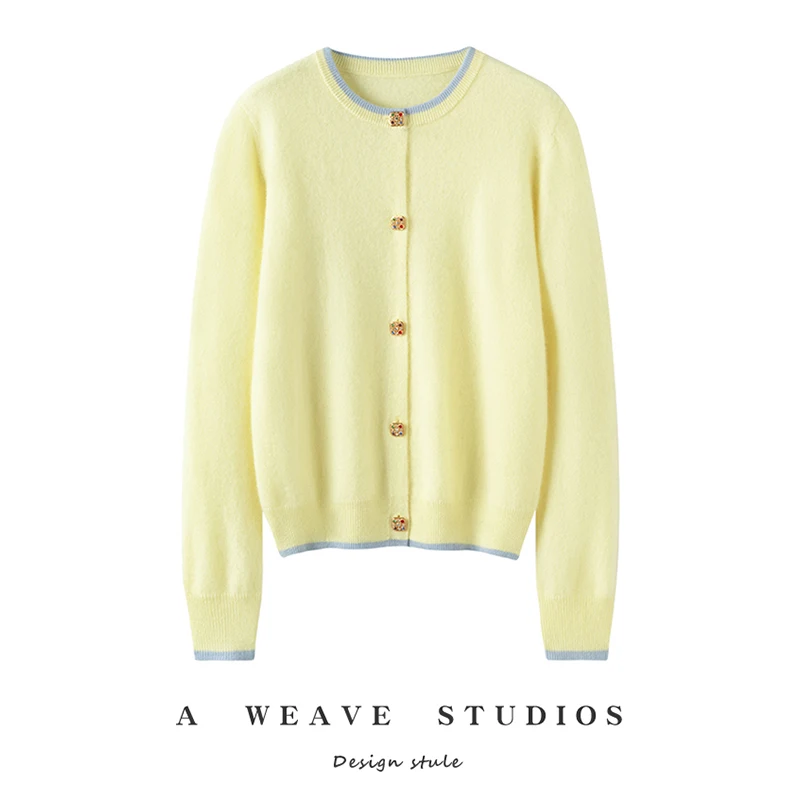 2026 autumn and winter new cashmere sweater women's round neck color blocked knitted cardigan round neck loose sweater jacket