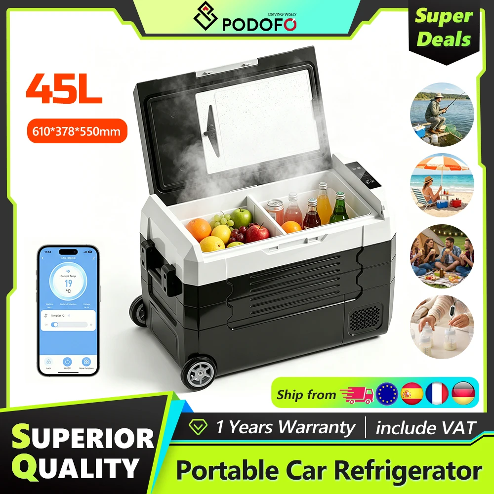 Podofo Auto-Kühlbox 35L 45L 55L Auto-Kühlschrank Mini-Kühlbox DC 110-240V Dual-Zone Tragbarer Kompressor-Kühler Eisbox für Camping, Reisen, Zuhause