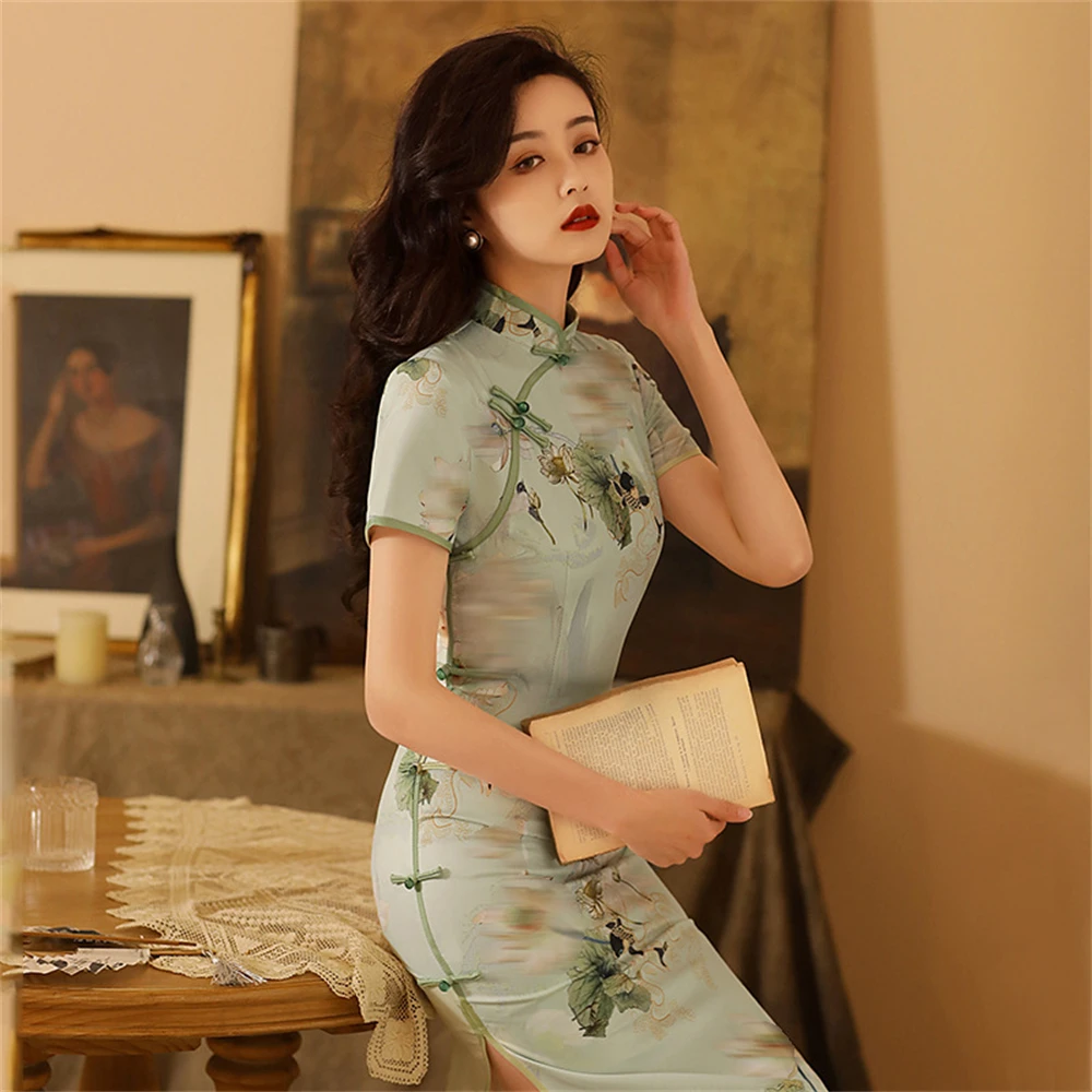 Vintage Elegant Slit Qipao Women Summer Short Sleeves Stand-up Collar Slim Cheongsam Ladies Chinese Traditional Dress For Party