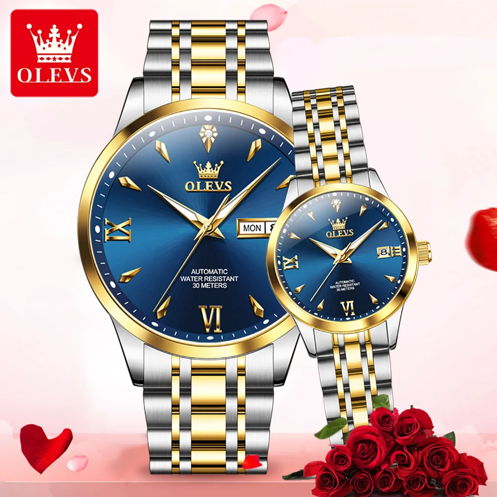 

OLEVS 9956, набор механических часов для влюбленных, водонепроницаемые, с двойным календарем, светящиеся автоматические часы для пар из нержавеющей стали для мужчин и женщин
