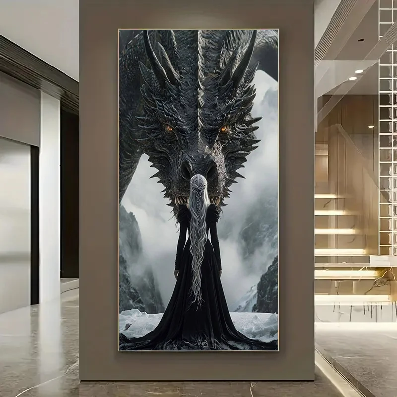 

2D/Flat 1pc Large Retro Game of Thrones Canvas Wall Art, Frameless Large Dragon Wall Art Painting for Living Room Decortions