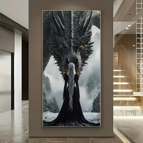2D/Flat 1pc Large Retro Game of Thrones Canvas Wall Art, Frameless Large Dragon Wall Art Painting for Living Room Decortions