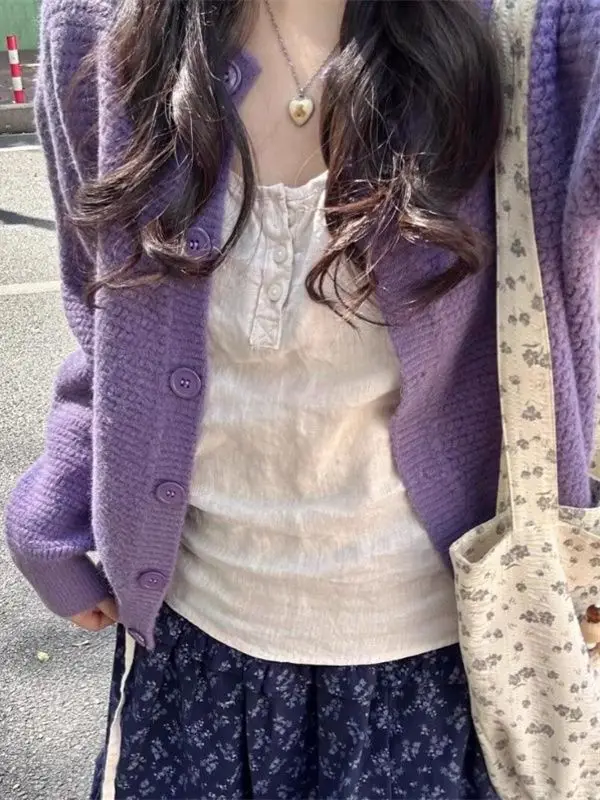 

Модный корейский фиолетовый вязаный свитер, пальто, женский нежный ленивый открытый кардиган, осенний сезон, женская мода