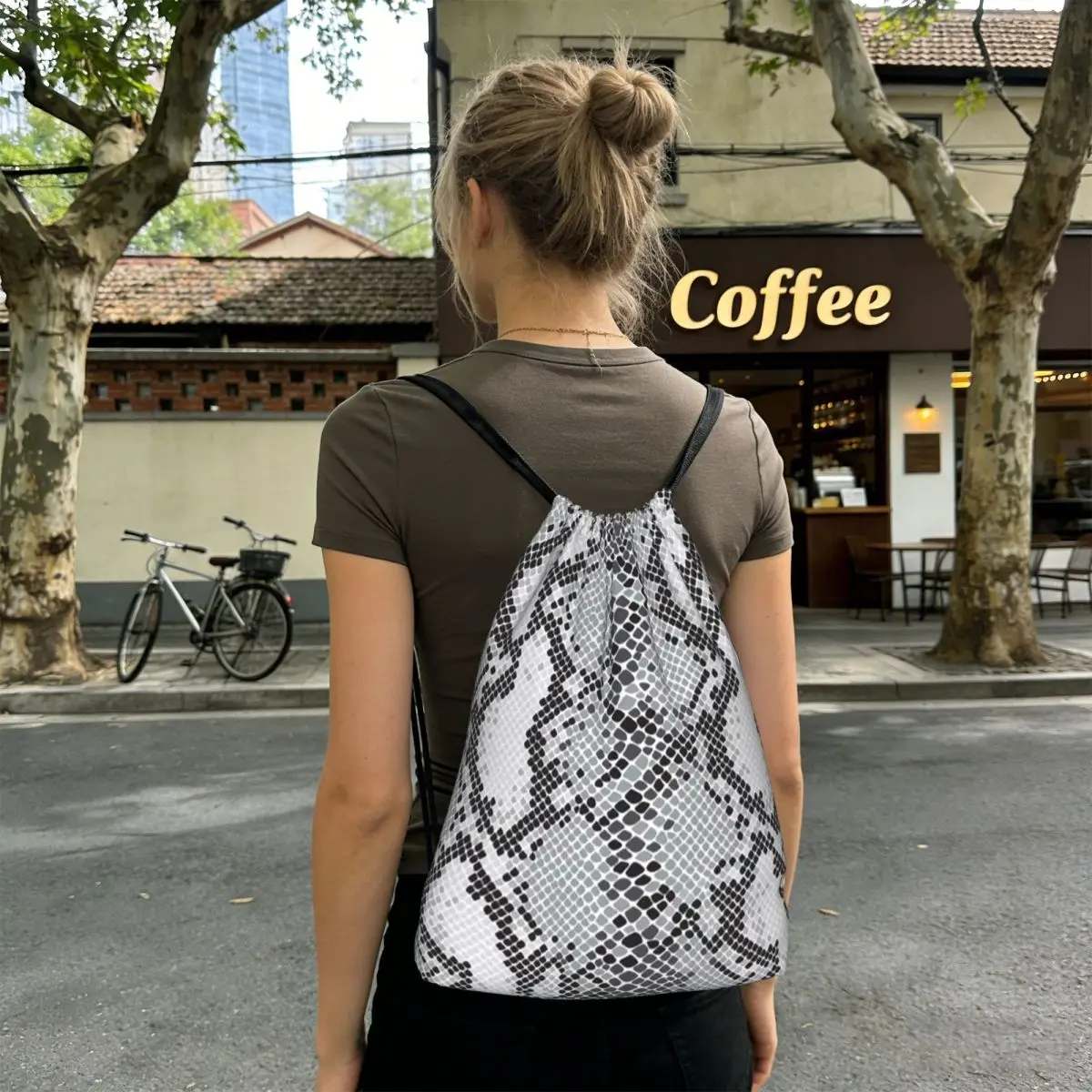 Gray Snake Skin Animal Print Backpacks Multi-function Drawstring Bundle Pocket Sports Bag Book Bags for Travel Students