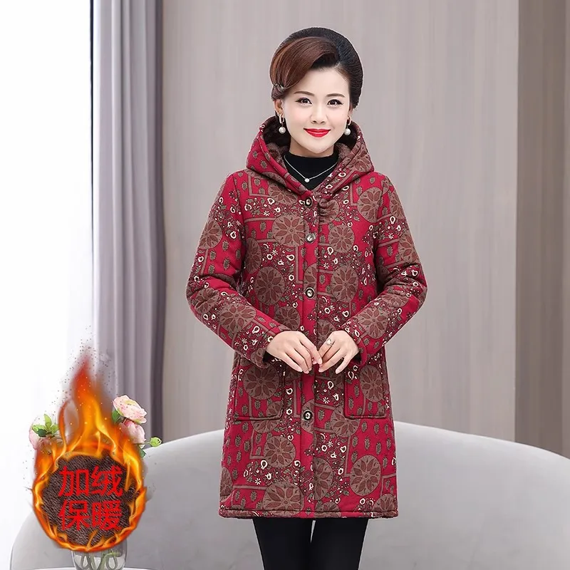 5XL Mother Winter Cotton Clothes Add Velvet Thick Warm Hooded Padded Coat Middle Aged Elderly Grandma Casual Long Parkas Jacket