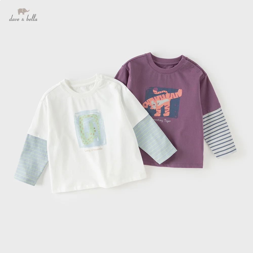 

Детская футболка Dave Bella из чистого хлопка, весенне-осенняя одежда для мальчиков, повседневные топы для малышей, имитация двухслойного пуловера DB1260138