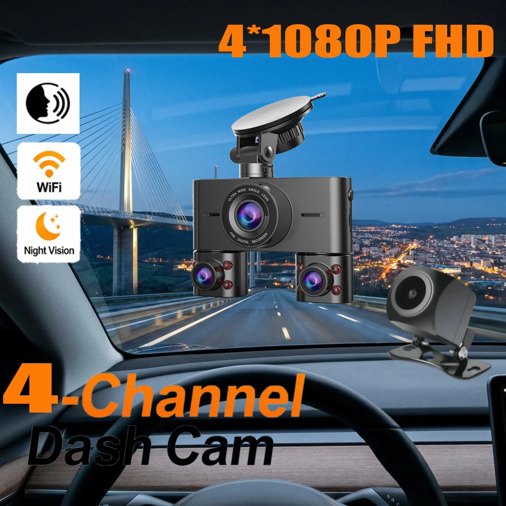 HUPEJOS 360°V7-4CH Dash Cam Front and Rear Inside FHD1080Px4 Built-in Wi-Fi WDR Night Vision Voice Control 24H Parking Mode